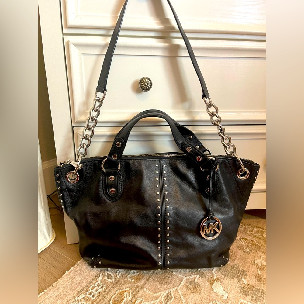 Michael Kors Black Leather Studded Handbag with Shoulder Strap Steap